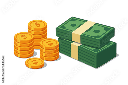Collection of gold coins and bundled banknotes on a white background showcasing wealth and currency