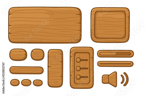 Wooden interface elements designed for user interaction in a digital application or game