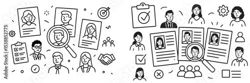 Recruitment process with resumes, candidate search, and workplace collaboration illustrated in a graphic design