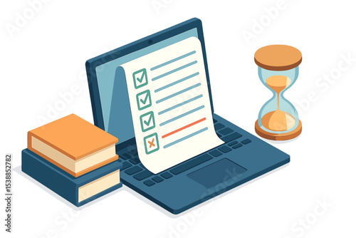 Organizing tasks and time management with a laptop, checklist, books, and hourglass on a clean workspace