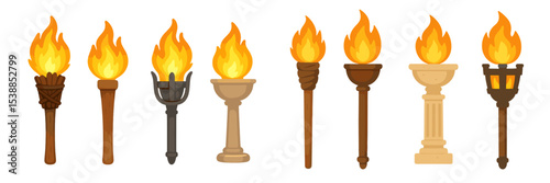 Various styles of torches with flames for design inspiration or art projects