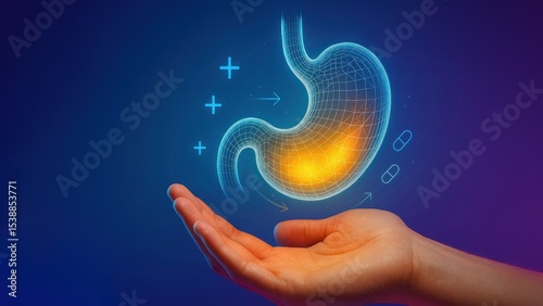 Human hand holding glowing stomach with pain and medical icons on blue background, concept of stomach ache, stomach pain, and digestive problem