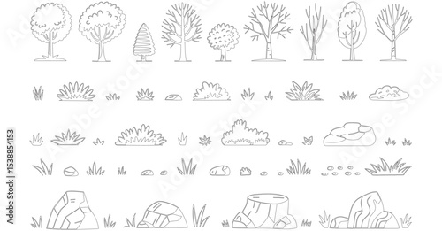 Trees, Bushes, and Rocks Illustration