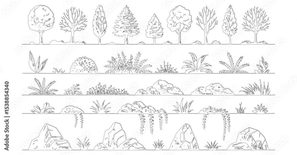 Fototapeta premium Simple Trees and Rocks Outline Illustrations