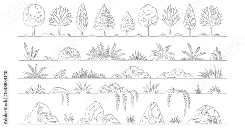 Simple Trees and Rocks Outline Illustrations