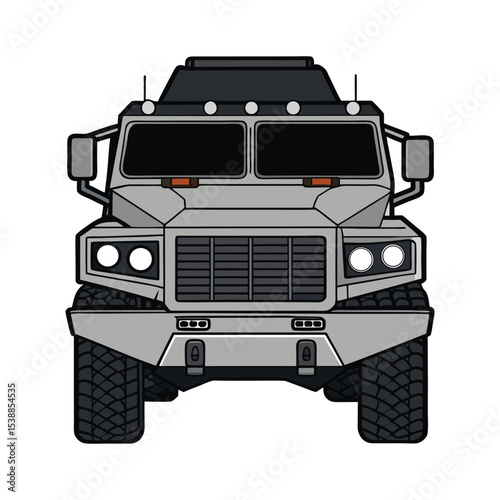 Armored Military Truck Front View Rugged Tactical Vehicle Illustration with Heavy-Duty Design, Bulletproof Glass, and Off-Road Tires