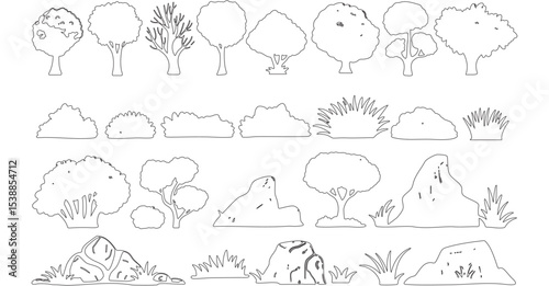Detailed Trees, Plants, and Rocks Illustration