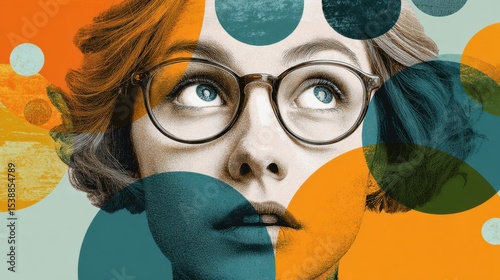 Woman With Wide Open Eyes Contemplating Various Thoughts Represented by Colorful Bubbles in an Artistic Expression