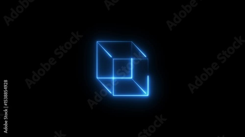 Neon cube frame. square magenta grid with magical glow 3d render in dark space.