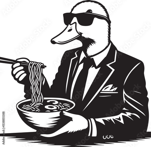 A dapper duck in a suit enjoys a delicious bowl of ramen noodles a stylish monochrome illustration perfect for restaurant menus or branding