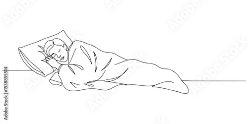 Continuous one line drawing of a person sleeping under a blanket, line art style vector illustration.