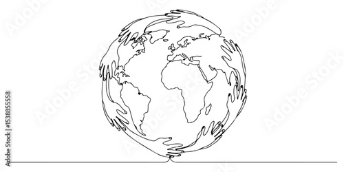 Continuous one line drawing of globe surrounded by hands, concept of global unity and concern, line art style vector illustration.