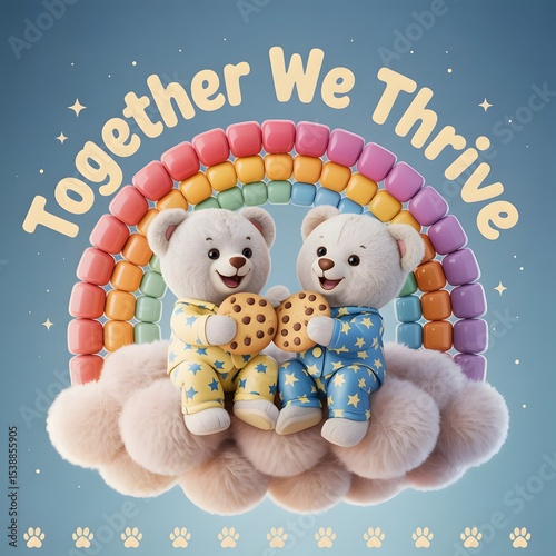 Two adorable teddy bears enjoying cookies with a rainbow together we thrive concept