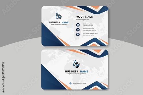 Modern business card template, professional corporate stationery, blue and orange identity design