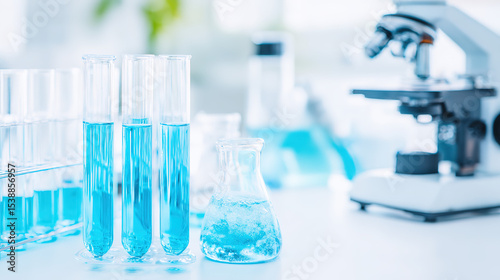 Detailed Blue Liquid Test Tubes on Laboratory Workbench with Scientific Equipment, Emphasizing Research and Precision