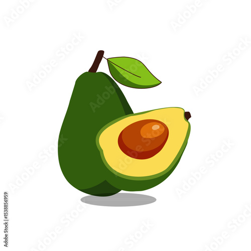 Avocado fruit with leaves, cut in half, vector illustration