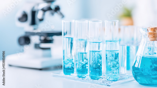 Detailed Blue Liquid Test Tubes on Laboratory Workbench with Scientific Equipment, Emphasizing Research and Precision