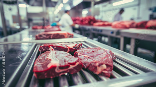 Fresh raw beef cuts on stainless steel table in industrial meat processing facility. Butchery, food production, meat industry and culinary ingredients concept.