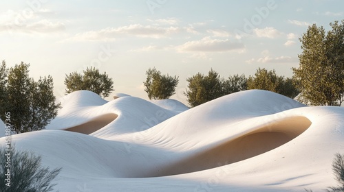 Serene White Sand Dunes Under Soft Blue Sky with Gentle Rolling Hills and Sparse Green Trees in a Natural Landscape Scene