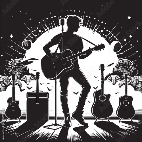 silhouette of a person playing music with a guitar, a vector image that can be edited