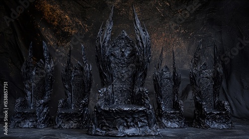 Dark, ornate thrones in a shadowy cavern setting.