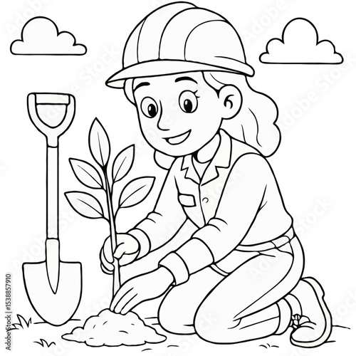 Girl Planting Tree Coloring Page - Young Gardener and Environmental Fun