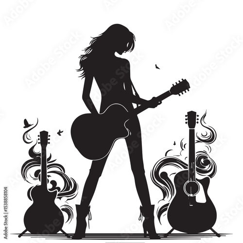 silhouette of a person playing music with a guitar, a vector image that can be edited