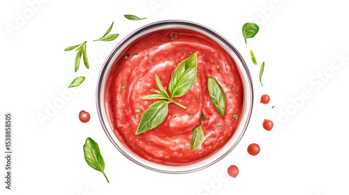 Open can of homemade tomato sauce with visible herbs isolated on transparent background 