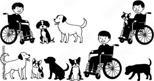 Vector Full Body Silhouette of a Young Boy in a Wheelchair on White Background, Simple Design, Flat Illustration
