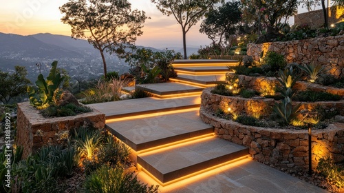 Elevated patio steps, illuminated by warm light, leading to a mountain vista.  Landscaped with drought-tolerant plants and stone
