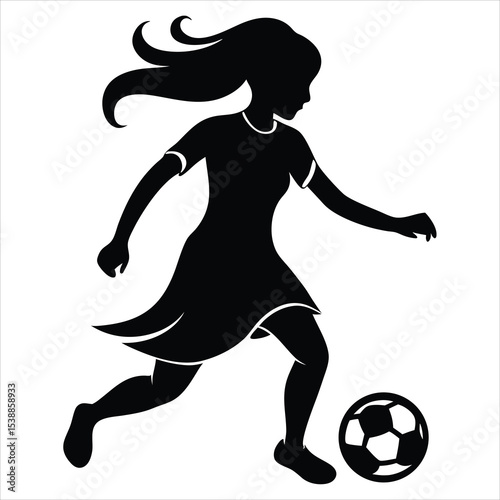 Female soccer player silhouette vector illustration with a girl playing football and dribbling a ball for sports design