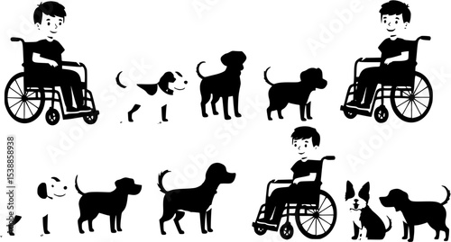 Vector Full Body Silhouette of a Young Boy in a Wheelchair on White Background, Simple Design, Flat Illustration
