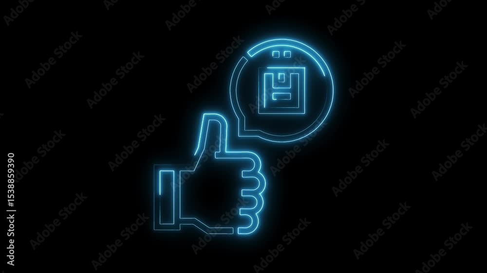 Neon thumbs up icon with save symbol glowing light on black background concept Neon thumbs up icon with save symbol glowing light on black background concept
