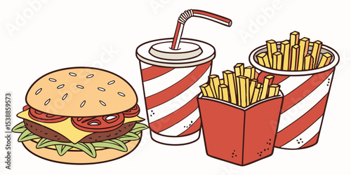 A colorful vector illustration set of fast food and drink icons, featuring burgers, fries, milkshakes, and fruit juice for a delicious meal