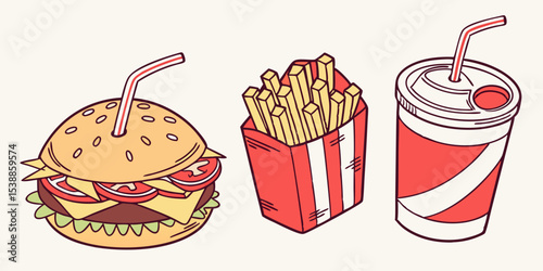 A delightful vector illustration of a sweet fast food set featuring an ice cream sundae, cupcake, and delicious hamburger for a happy party celebration