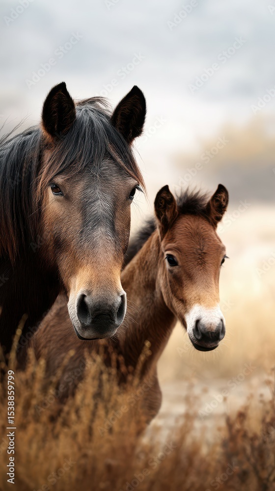 Naklejka premium Close bond between a mare and her foal in a grassy field during golden hour light