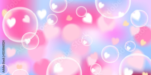 A soft cornflower blue and pastel pink gradient background with floating heart bubbles in a dreamy bokeh effect. This elegant and whimsical digital artwork is great for romantic themes, fantasy