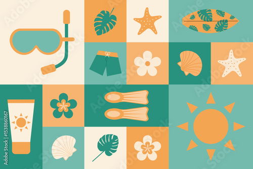 Modern geometric poster with diving mask, surfboard, flippers, starfishon colourful background. Summer ornament. Abstract decorations. Simple flat style. Minimalistic style. Vector illustration.