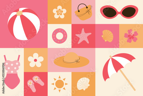 Modern geometric poster with beach ball,summer accessories, beach umbrella  on colourful background. Summer ornament. Abstract decorations. Simple flat style. Minimalistic style. Vector illustration.