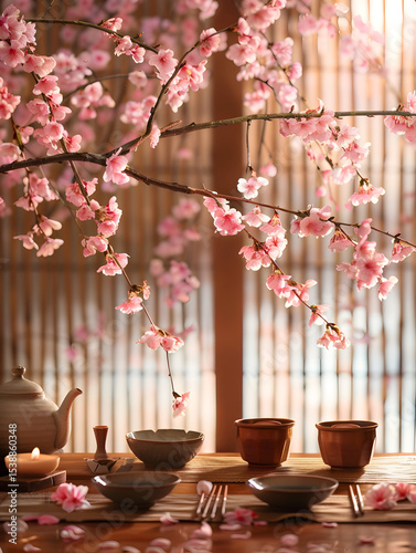 Serene tea ceremony among cherry blossoms tranquil japanese setting lifestyle photography warm atmosphere