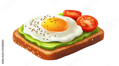 Open-faced avocado toast with poached egg, cherry tomato, and sesame seeds isolated on transparent background 