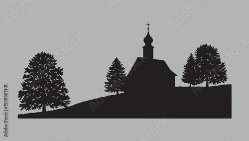 Silhouette of Church on Hill with Trees
