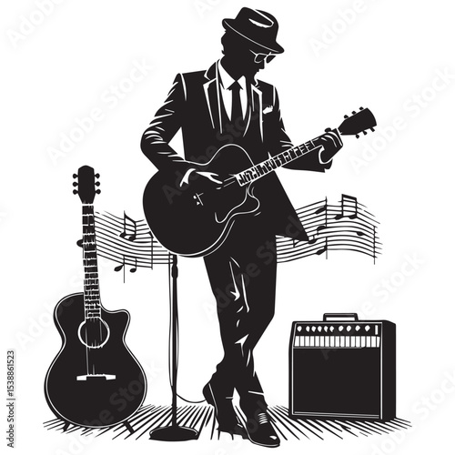 silhouette of a person playing music with a guitar, a vector image that can be edited