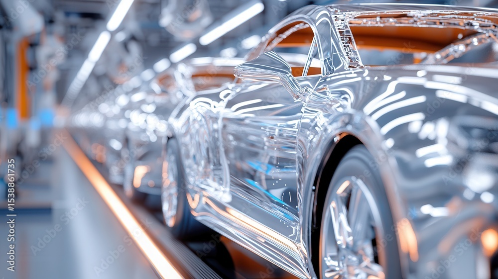 Fototapeta premium Robotic arms assembling sleek silver car frame in high-tech automotive factory with ambient lighting. Robotics and automation
