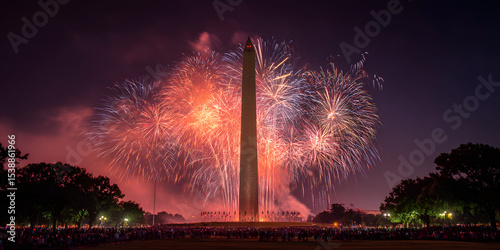 Celebratory fireworks display at the washington monument washington d.C. Nighttime event vibrant atmosphere spectacular view national pride