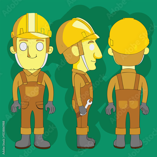 Cartoon worker illustration in three poses with helmet and overalls