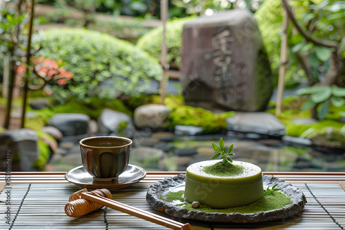Serene matcha dessert experience japanese garden food photography tranquil setting close-up view culinary artistry