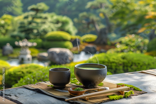 Serene green tea ceremony in japanese garden tranquil nature scene outdoor lifestyle calm environment