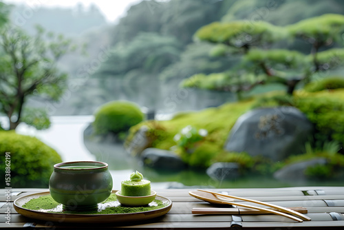 Ceremonial matcha tea experience japanese garden food photography tranquil environment close-up view zen concept for relaxation