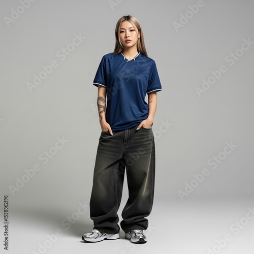 Stylish Women's Fashion Navy Blue T-Shirt and Baggy Jeans Outfit